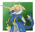  anthro bikini blue_body blue_skin breasts clothing female long_tail lutrine mammal melee_weapon mustelid nintendo nipples pok&eacute;mon pok&eacute;mon_(species) poraka7 samurott shell solo string_bikini swimwear sword video_games weapon 