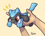  3_fingers advos ambiguous_gender anthro blue_body blue_ears blue_tail carrying carrying_another disembodied_hand duo fingers hi_res humanoid_hands looking_down nintendo orange_eyes pok&eacute;mon pok&eacute;mon_(species) riolu signature simple_background spikes video_games 