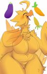  anthro avian beak big_breasts bird breasts carrot chocobo curvy_figure eggplant eyes_closed feathers female final_fantasy food fruit guide_lines happy hi_res nude open_beak open_mouth plant simple_background sketch slightly_chubby snappygrey solo square_enix thick_thighs vegetable video_games voluptuous white_background wide_hips winged_arms wings yellow_body yellow_feathers 