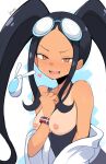  1girl :d artist_name bare_shoulders between_breasts black_hair black_swimsuit blush bracelet breasts breasts_out brown_eyes commentary english_commentary floating floating_object forehead goggles goggles_on_head hand_on_own_chest heart highres jacket jellcaps jewelry long_hair long_sleeves looking_at_viewer medium_breasts nipples off_shoulder one-piece_swimsuit one-piece_tan open_clothes open_jacket open_mouth original sidelocks smile solo sweatdrop swimsuit tan tanlines twintails upper_body v-shaped_eyebrows very_long_hair white_jacket 
