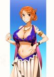  1boy 1girl absurdres antlers armlet breasts cleavage deer eyebrows_visible_through_hair harem_outfit hat highres jewelry kevbot large_breasts looking_at_another looking_at_viewer midriff nami_(one_piece) necklace one_piece orange_hair standing tattoo thigh_gap tony_tony_chopper 