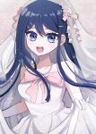  1girl :d alternate_costume bangs bare_shoulders blue_eyes bow bowtie bridal_veil clothes_lift collarbone danganronpa:_trigger_happy_havoc danganronpa_(series) dress dress_lift grey_background grey_bow grey_bowtie hair_ornament hairclip jewelry maizono_sayaka mikao_(eanv5385) necklace open_mouth shiny shiny_hair sleeveless sleeveless_dress smile solo teeth upper_teeth veil wedding_dress white_dress 