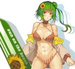  1girl abs bangs bare_shoulders bikini breasts choker cleavage closed_mouth flower green_hair hair_bun hair_flower hair_ornament highres jacket kazami_yuuka long_sleeves looking_at_viewer looking_back muscular muscular_female navel open_clothes open_jacket orange_bikini orange_eyes orange_jacket shadow simple_background single_hair_bun solo striped striped_bikini sunflower surfboard swimsuit tomatolover16 touhou upper_body white_background 