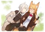  2girls :3 animal_ears arm_grab black_legwear border bow bowtie brown_dress brown_eyes brown_hair brown_jacket brown_skirt chair closed_eyes collared_shirt commission dress embarrassed flying_sweatdrops fox_ears fox_tail glasses grey_hair grey_jacket jacket koyoi_mitsuki long_hair long_sleeves marika_(zeddaru) miniskirt multiple_girls original parted_lips pleated_skirt red-framed_eyewear red_bow red_bowtie semi-rimless_eyewear shirt short_dress short_hair_with_long_locks sidelocks sitting skeb_commission skirt smile tail thighhighs traditional_bowtie under-rim_eyewear very_long_hair white_border white_bow white_bowtie white_shirt wide-eyed wing_collar 