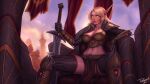  1girl belt black_legwear blonde_hair blood_elf_(warcraft) blue_sky boobplate breasts closed_mouth colored_sclera curtains day gauntlets highres holding holding_sword holding_weapon indoors large_breasts long_eyebrows long_pointy_ears looking_at_viewer medium_hair midriff navel orange_eyes orange_sclera pelvic_curtain personal_ami pointy_ears sitting sky solo spread_legs sword thighhighs throne warcraft weapon world_of_warcraft 