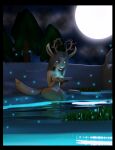  3d_(artwork) anthro antlers arthropod bathing beetle blue_eyes brown_body brown_fur brown_hair digital_media_(artwork) elateroid female firefly full_moon fur hair hi_res holding_object horn hybrid insect legs_in_water long_ears long_tail moon night nude open_mouth pond pouring_onto_self siakstuff sitting solo unknown_species 