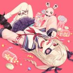  1girl blonde_hair candy choker eyepatch food highres jacket lollipop looking_at_viewer makaino_ririmu neckerchief nijisanji open_clothes open_jacket pleated_skirt pzmnb red_eyes red_neckerchief ribbon school_uniform serafuku skirt solo sweets 