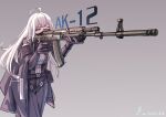  1girl ahoge ak-12 ak-12_(girls&#039;_frontline) assault_rifle bangs belt black_cape cape character_name chinese_commentary dated eyebrows_visible_through_hair feet_out_of_frame girls&#039;_frontline gloves grey_background grey_hair gun highres holding holding_gun holding_weapon kalashnikov_rifle long_hair one_eye_closed pants purple_eyes rifle solo standing tactical_clothes user_hcva4785_cn_2018 weapon 