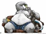  anthro aokamidu arm_around_back boxers_(clothing) canid canine canis clothing cuddling dragon drinking duo looking_pleasured male male/male mammal overweight overweight_anthro overweight_male size_difference smile syrusdragon underwear wolf 