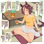 1girl :d animal_ears barefoot blush border bottle closed_eyes cup full_body futon grin hair_over_one_eye holding holding_cup horse_ears horse_girl horse_tail indian_style long_hair multicolored_hair navel panties pink_panties ponytail shirt short_sleeves sitting smile solo special_cat streaked_hair string_panties table tail teeth toes towel umamusume underwear vodka_(umamusume) white_border yellow_shirt 