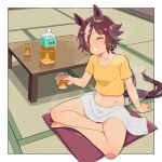  1girl :d animal_ears barefoot blush border bottle closed_eyes cup full_body futon grin hair_over_one_eye holding holding_cup horse_ears horse_girl horse_tail indian_style long_hair multicolored_hair navel no_panties ponytail shirt short_sleeves sitting smile solo special_cat streaked_hair table tail teeth toes towel umamusume vodka_(umamusume) white_border yellow_shirt 