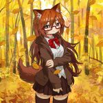  1girl animal_ears autumn_leaves blush bow bowtie brown_eyes brown_hair brown_jacket brown_legwear brown_skirt closed_mouth collared_shirt commission cowboy_shot forest glasses jacket long_hair long_sleeves looking_at_viewer marika_(zeddaru) miniskirt nature open_clothes open_jacket original pleated_skirt red-framed_eyewear red_bow red_bowtie semi-rimless_eyewear shirt skeb_commission skirt smile solo standing tail thighhighs under-rim_eyewear white_shirt wing_collar zettai_ryouiki zinbei 
