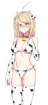  1girl absurdres ahoge akamatsu_kaede animal_print arm_at_side bangs bare_shoulders bikini black_bikini black_gloves black_legwear blush breasts closed_mouth covered_nipples cow_print danganronpa_(series) danganronpa_v3:_killing_harmony elbow_gloves gloves grey_background hand_up highres large_breasts long_hair looking_at_viewer navel no_hair_ornament seongkun_(agn000) shiny shiny_hair side-tie_bikini simple_background solo standing stomach swimsuit thighhighs two-tone_bikini two-tone_gloves two-tone_legwear white_bikini white_gloves white_legwear 