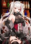  1girl absurdres azur_lane bangs bare_shoulders black_gloves black_legwear blurry blurry_background bottle breasts cleavage dress elbow_gloves eyebrows_visible_through_hair gloves highres large_breasts long_hair looking_at_viewer mole mole_on_breast multicolored_hair official_alternate_costume pantyhose prinz_eugen_(azur_lane) prinz_eugen_(kindred_evening_spirits)_(azur_lane) red_eyes red_hair sideboob solo streaked_hair thigh_strap thighband_pantyhose thighs white_hair yukineko1018 
