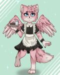  absurd_res ambiguous_gender anthro blue_eyes cake_slice canid canine clothing cute_expression duskooky fluffy fluffy_tail fluffy_wings fox fur hi_res hybrid lostfox maid_apron maid_uniform mammal pawpads plate smile solo spread_wings uniform wings 