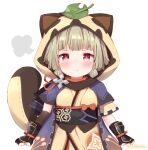  1girl animal_ears armguards bangs black_scarf blunt_bangs blush commentary_request eyebrows_visible_through_hair fake_animal_ears fake_tail genshin_impact grey_hair japanese_clothes leaf leaf_on_head looking_at_viewer ninja obi pout purple_eyes raccoon_ears raccoon_hood raccoon_tail sash sayu_(genshin_impact) scarf short_hair short_sleeves shuriken sidelocks simple_background sketch solo tail tutsucha_illust weapon white_background 