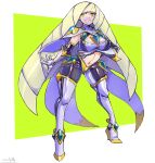  1girl adapted_costume blonde_hair bodysuit boots breasts elbow_gloves gloves green_eyes hair_over_one_eye high_heels highres large_breasts long_hair lusamine_(pokemon) navel oomasa_teikoku pokemon pokemon_(game) pokemon_sm skin_tight solo thigh_boots very_long_hair 
