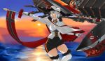  1girl absurdres azur_lane black_panties black_skirt blue_eyes boots breasts capelet flag flybear8763 fur-trimmed_boots fur_trim gloves hat highres holding holding_flag knee_boots mechanical_dragon medium_breasts outstretched_arm panties pantyshot peaked_cap short_hair skirt solo sunset tirpitz_(azur_lane) underwear white_capelet white_footwear white_gloves white_hair white_headwear 