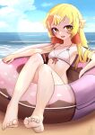  1girl absurdres bakemonogatari beach bikini blonde_hair blush_stickers breasts feet highres innertube long_hair looking_at_viewer monogatari_(series) nisemonogatari oshino_shinobu sitting small_breasts smile soles solo sun_glare swimsuit toes unstableboiler yellow_eyes 