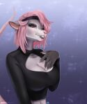  accessory anthro big_breasts breasts buckteeth bust_portrait cleavage cleavage_cutout clothed clothing eyelashes eyeshadow female fur grey_body grey_fur hair headband hi_res jessicanyuchi lipstick makeup mammal murid murine pink_hair portrait rat rodent smile solo teeth 