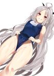  1girl ahoge ass_visible_through_thighs blue_archive blue_swimsuit blush breasts clothes_lift commentary covered_nipples duplicate dutch_angle feet_out_of_frame grey_hair grin groin hina_(blue_archive) hina_(swimsuit)_(blue_archive) horns long_hair looking_at_viewer old_school_swimsuit one-piece_swimsuit osanpo02 partially_visible_vulva pixel-perfect_duplicate purple_eyes school_swimsuit simple_background small_breasts smile solo sweater swimsuit swimsuit_lift teeth thighs very_long_hair wedgie wet white_background 