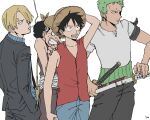  4boys black_hair blonde_hair formal green_hair haramaki hat hiding hiding_behind_another male_focus monkey_d._luffy multiple_boys one_piece overalls roronoa_zoro sanji sheath sheathed short_sleeves sleeveless smoking straw_hat suit sword ufkqz usopp weapon white_background 