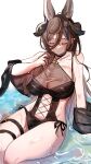  1girl animal_ears asymmetrical_hair bare_shoulders blush breasts brown_hair cleavage closed_eyes galleon_(granblue_fantasy) granblue_fantasy highres horns large_breasts long_hair multicolored_hair navel partially_submerged pointy_ears solo streaked_hair thigh_strap thighs thousa_01 very_long_hair wet 
