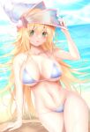  1girl absurdres adapted_costume arm_support bangs bare_shoulders bikini blonde_hair blue_sky blush blush_stickers breasts calcio cleavage cloud cloudy_sky collarbone commentary_request dark_magician_girl day duel_monster eyebrows_visible_through_hair green_eyes hat highres long_hair looking_at_viewer medium_breasts navel ocean open_mouth outdoors see-through shiny shiny_hair shiny_skin simple_background sitting sky stomach sunlight sweat sweatdrop swimsuit thighs water yu-gi-oh! yu-gi-oh!_duel_monsters 