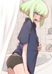  1boy androgynous aus_vaka bathroom bathtub black_male_underwear blue_shirt blush embarrassed green_hair highres lio_fotia male_focus male_underwear open_mouth promare purple_eyes shirt shirt_grab short_hair sidelocks solo underwear 