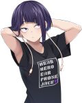  1girl armpits arms_up audio_jack black_shirt blue_eyes blue_hair boku_no_hero_academia commentary_request english_text facial_mark highres jirou_kyouka kobaji long_earlobes shirt short_hair short_sleeves simple_background solo upper_body white_background 