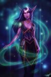 1girl absurdres blue_hair blue_skirt breasts colored_skin crescent elf facial_mark highres long_hair long_skirt looking_at_viewer medium_breasts night_elf_(warcraft) personal_ami pink_skin pointy_ears signature skirt smile solo standing warcraft world_of_warcraft 