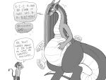  anthro ashe_(shyguy9) belly big_belly bloated demon dialogue digestion dragon duo english_text female female_pred hand_on_stomach hi_res horn larger_female male male_prey monochrome oral_vore rumbling_stomach shyguy9 size_difference smaller_male text thick_tail thick_thighs vore 