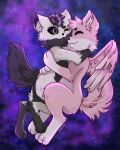  absurd_res ambiguous_gender anthro black_body black_eyes black_fur black_sclera canid canine canis cute_expression detailed_background duo duskooky embrace fluffy fluffy_tail fluffy_wings fox fur happy hi_res hug hybrid lostfox mammal pink_body pink_fur pink_wings purple_background simple_background smile space white_body white_fur wings wolf 