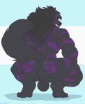  2022 absurd_res anthro backsack balls barazoku big_balls big_butt big_muscles black_body black_eyebrows black_fur black_hair black_sclera blue_background butt canid canine canis claws crouching ear_piercing ear_ring eyebrows fur genitals hair hi_res highlights_(coloring) huge_butt huge_muscles long_hair looking_at_viewer looking_back looking_back_at_viewer male mammal markings muscular muscular_anthro muscular_male nude piercing purple_highlights purple_markings rear_view simple_background smile solo teeth tuft tylerstark white_background wolf 