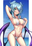  1girl aqua_hair arm_behind_head armpits ass_visible_through_thighs bikini blue_sky breasts contrapposto cowboy_shot dress elira_pendora fang green_eyes hair_ornament hair_over_one_eye head_wings heterochromia highres large_breasts light_smile long_hair looking_at_viewer low_wings navel nijisanji nijisanji_en nitrus outdoors purple_dress sideboob skin_fang skindentation sky solo swimsuit symbol-only_commentary virtual_youtuber white_bikini wings x_hair_ornament 