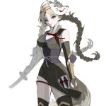  1girl absurdres ahoge alternate_costume bangs bare_shoulders blonde_hair blue_eyes braid breasts commission commissioner_upload fire_emblem fire_emblem_fates fox_mask highres katana kunai large_breasts long_hair mariirasuto7 mask nina_(fire_emblem) non-web_source solo sword twin_braids upper_body weapon 