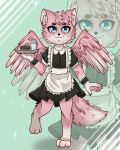  absurd_res ambiguous_gender anthro blue_eyes cake_slice canid canine character_in_background clothing cute_expression duskooky fluffy fluffy_tail fluffy_wings fox fur hi_res hybrid lostfox maid_apron maid_uniform mammal pawpads plate smile solo spread_wings uniform wings 