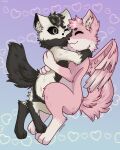  absurd_res ambiguous_gender anthro black_body black_eyes black_fur black_sclera canid canine canis cute_expression duo duskooky embrace fluffy fluffy_tail fluffy_wings fox fur happy hi_res hug hybrid lostfox mammal pink_body pink_fur pink_wings simple_background smile space white_body white_fur wings wolf 