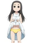  1girl awa black_hair blue_eyes closed_mouth clothes_lift collarbone dress goto_hime kakushigoto long_hair navel panties simple_background skirt skirt_lift solo underwear white_background white_dress yellow_panties 