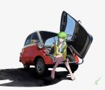  1girl absurdres aishiteiruyo bmw bmw_isetta c.c. car code_geass green_hair ground_vehicle highres motor_vehicle pizza_box pizza_hut stuffed_animal stuffed_toy yellow_eyes 