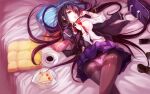  1girl absurdres artist_request bad_id bad_pixiv_id bed black_hair black_jacket blue_skirt bow bow_panties cellphone crossed_legs cup date_a_live food hair_over_one_eye highres jacket long_hair looking_at_viewer low_ponytail lying on_back on_bed open_mouth panties panties_under_pantyhose pantyhose phone pillow red_eyes school_uniform shirt shoes shoes_removed skirt smartphone solo tokisaki_kurumi tongue tongue_out underwear very_long_hair white_shirt 