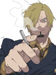  1boy black_eyes blonde_hair cigarette facial_hair formal hair_over_one_eye holding holding_cigarette looking_at_viewer male_focus one_piece sanji smoke solo suit ufkqz white_background 