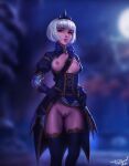  1girl artist_name black_legwear breasts clothes_lift dress dress_lift gloves heroes_of_the_storm highres lips looking_at_viewer nipples no_panties open_clothes orphea_(heroes_of_the_storm) personal_ami pussy short_hair solo standing thighhighs uncensored 
