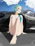  1girl absurdres aishiteiruyo cloud collar dress eureka eureka_seven eureka_seven_(series) hair_ornament hairclip highres mclaren mclaren_speedtail panties purple_eyes short_hair sky underwear uniform 