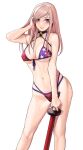  1girl adjusting_hair american_flag_bikini applekun arm_up bangs bare_arms bikini blue_eyes blush breasts choker cleavage closed_mouth collarbone contrapposto earrings fate/grand_order fate_(series) flag_print front-tie_bikini front-tie_top hair_between_eyes hand_in_own_hair highres holding holding_sword holding_weapon jewelry leaf long_hair looking_at_viewer maple_leaf medium_breasts miyamoto_musashi_(fate) miyamoto_musashi_(swimsuit_berserker)_(fate) multi-strapped_bikini navel no_pants no_shirt pink_hair shinai simple_background skindentation smile solo stomach straight_hair swimsuit sword underboob weapon white_background 
