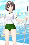  1girl absurdres black_hair blue_sky buruma cloud commentary_request cowboy_shot day fantia_commission feet_out_of_frame green_buruma grin gym_shirt gym_uniform hairband highres kantai_collection lane_line looking_at_viewer mop outdoors pool shirt short_hair sky smile solo string_of_flags t-shirt takafumi tanikaze_(kancolle) white_hairband white_shirt yellow_eyes 