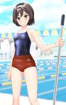  1girl absurdres black_hair black_swimsuit blue_sky buruma cameltoe cloud commentary_request competition_school_swimsuit cowboy_shot day fantia_commission feet_out_of_frame grin hairband highres kantai_collection lane_line looking_at_viewer mop outdoors pool red_buruma school_swimsuit short_hair sky smile solo string_of_flags swimsuit swimsuit_under_clothes takafumi tanikaze_(kancolle) white_hairband yellow_eyes 
