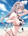  1girl animal_ears bangs bell blush breasts cow_ears cow_horns cow_tail eyebrows_visible_through_hair green_eyes grey_hair hair_between_eyes highres hololive horns large_breasts long_hair looking_at_viewer mole mole_on_breast neck_bell open_mouth roriwanko shirogane_noel smile solo swimsuit tail virtual_youtuber 