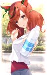  1girl absurdres alternate_costume animal_ears blush bottle breasts brown_eyes casual commentary_request decision5021 highres horse_ears horse_girl looking_at_viewer medium_breasts medium_hair nice_nature_(umamusume) open_mouth park red_hair solo umamusume water_bottle 