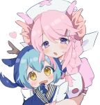  2girls blush dragon_girl dragon_horns duel_monster hair_between_eyes hair_ornament hairclip hat heart highres holding_person horns laundry_dragonmaid looking_at_viewer maid multicolored_hair multiple_girls nurse_cap nurse_dragonmaid open_mouth pink_hair purple_eyes rr_ffb simple_background white_background yellow_eyes yu-gi-oh! 